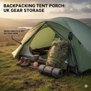 A close-up view of a backpacking tent porch containing muddy hiking boots and a rucksack to keep the inner sleeping area clean.