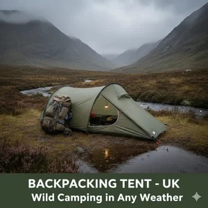 A lightweight one-person backpacking tent pitched near a stream in the Scottish Highlands for a wild camping expedition.