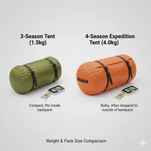 A side-by-side comparison of pack sizes and weights between a 1.5kg 3-season backpacking tent and a 4kg 4-season expedition tent.