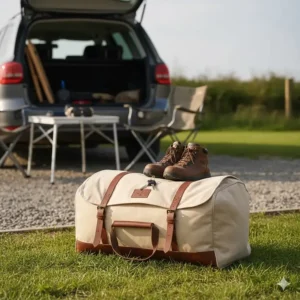 A high-quality canvas bell tent pitched in a wildflower meadow, demonstrating a clean and modern aesthetic for UK campers.