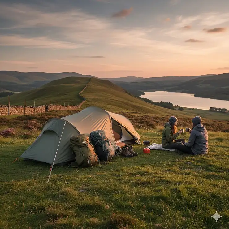 Lightweight 2 person backpacking tent pitched on a grassy ridge in the Lake District at sunset. 2 person backpacking tent