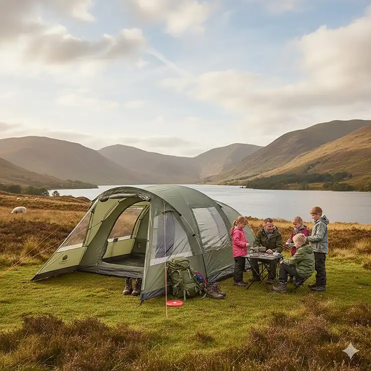 A high-quality 5-person tent pitched in the British countryside with a scenic mountain backdrop, highlighting the best 5 person tent UK for family camping trips. best 5 person tent uk