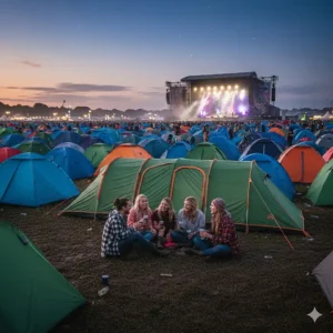 A vibrant 5-person tent pitched at a British summer music festival, showing its durability and high visibility in a crowded campsite.