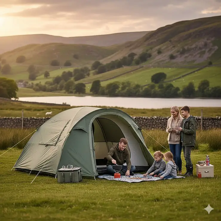 A spacious budget family tent pitched in a green British meadow at sunset, showing a family of four relaxing outside with hills and a lake in the background. budget family tent
