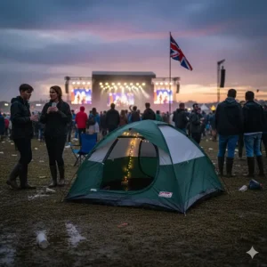 A compact Coleman dome tent at a UK music festival, selected for its easy pitching and durability.
