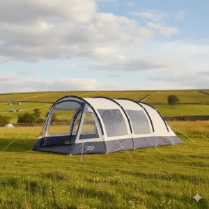 Side profile of a luxury inflatable family tent showing the built-in front awning and groundsheet.
