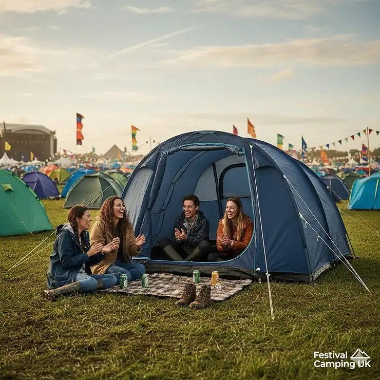 A group of friends laughing outside the best pop up tent for festivals on a grassy campsite with colorful flags in the background.