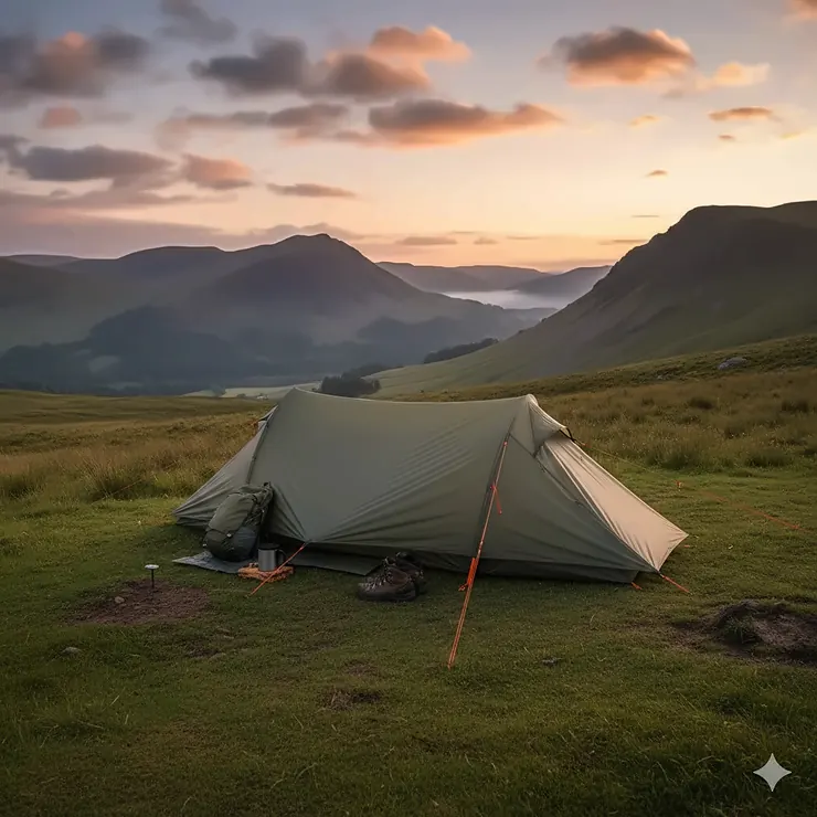 A lightweight two-person ultralight tent pitched on a grassy ridge in the Lake District during sunset. ultralight tent