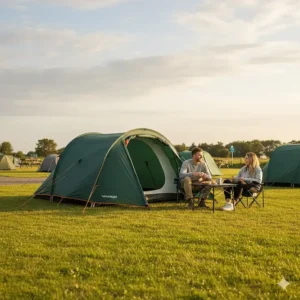 A classic Vango poled tunnel tent pitched on a UK campsite, showing a compact footprint for weekend breaks.