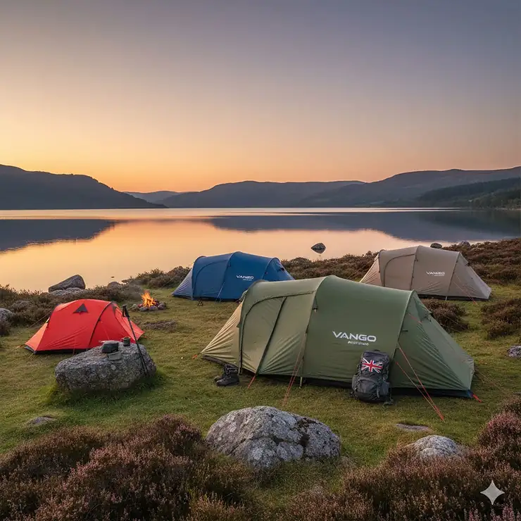 A selection of the best Vango tents pitched in the Lake District at sunset, showcasing different sizes for UK family camping. best vango tents
