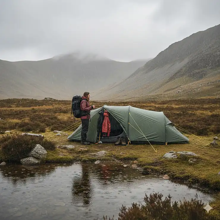 A high-quality waterproof tent pitched in the Lake District during a rainy day, demonstrating durability for British weather. tent for uk weather