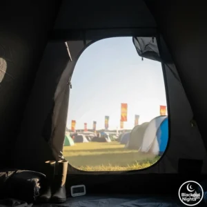 The dark interior of a blackout pop up tent designed to block out the early morning UK summer sun.