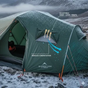 Illustration of adjustable high-level vents in a 4-season tent to reduce condensation while keeping out driving rain.