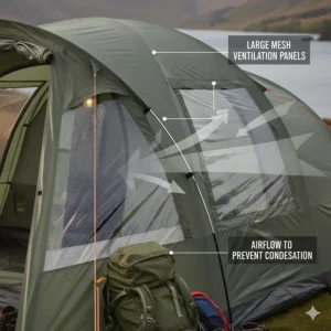 Close-up of mesh ventilation panels on a 5-man tent designed to increase airflow and prevent condensation during humid UK summer nights.