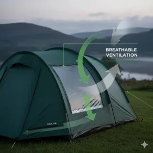 Diagram showing airflow through mesh panels in a budget family tent to prevent condensation during damp UK nights.