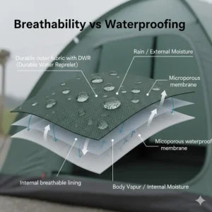 Cross-section of breathable waterproof tent fabric layers allowing moisture to escape while blocking rain.