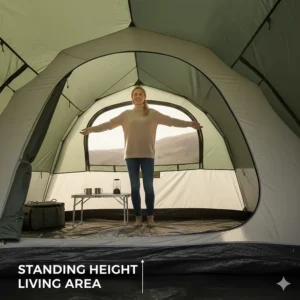 Illustration of the interior living space of a budget family tent with enough standing height for an adult to walk comfortably.