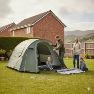A family practicing pitching their new budget family tent in a typical UK back garden before heading to a campsite.