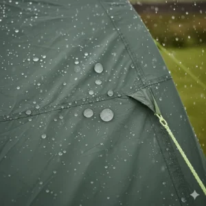 Close-up of rain beads on a budget family tent flysheet with a high hydrostatic head rating for UK weather.