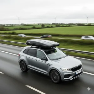 Alt text for image 6 A slimline hardshell roof top tent closed and locked on roof bars, showing its aerodynamic profile for motorway driving.