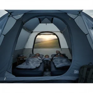Interior view of a Coleman tent with BlackOut Bedroom technology to help with early sunrise during British summers.