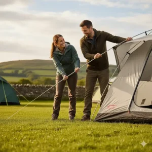 A couple using the Coleman FastPitch system to quickly set up a tent at a British campsite.