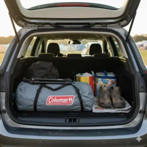 A Coleman tent packed into a standard UK car boot, showing the compact storage size for weekend trips.