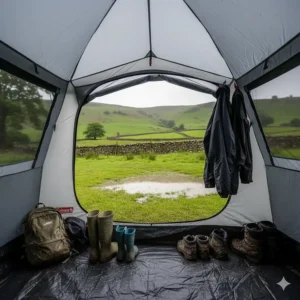 The front porch area of a Coleman tent, perfect for storing muddy wellies and hiking boots after a walk.
