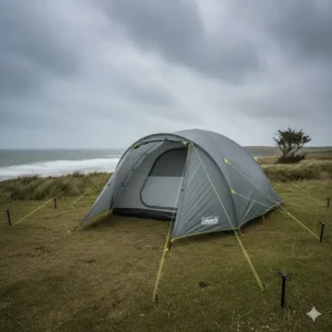 A Coleman tent secured with sturdy guy lines and pegs, demonstrating stability in breezy coastal UK conditions.