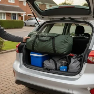 A budget family tent packed away in its carry bag, fitting easily into the boot of a standard UK hatchback.