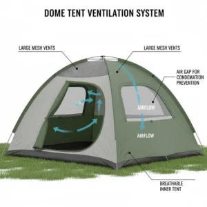 Illustration highlighting the mesh vents and airflow system in a modern dome tent to prevent condensation.