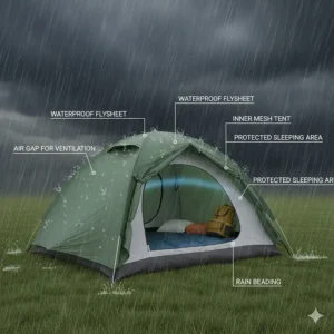 A cross-section illustration of a double-skin dome tent showing the waterproof flysheet protecting against heavy rain.
