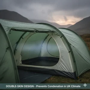A cross-section illustration of a double-skin tent, showing how the breathable inner layer prevents condensation in the humid UK climate.