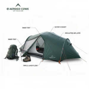 Cross-section illustration showing the inner tent and outer flysheet of a 4-season tent creating an insulating layer of air.