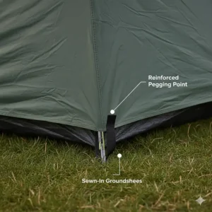 Detailed view of reinforced pegging points and a robust sewn-in groundsheet on a reliable budget family tent.