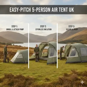 A step-by-step graphic showing an inflatable 5-man air tent being pitched quickly and easily at a British campsite using a manual pump.