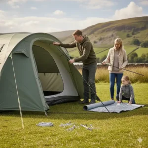 Step-by-step illustration showing a simple pole-and-sleeve system for quick pitching of a budget family tent.