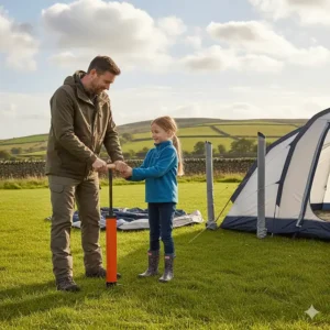 A parent using a manual air pump to quickly pitch an inflatable family tent at a UK campsite.