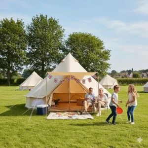 A family-sized bell tent with canvas chairs and a tea set-up outside, perfect for a British summer staycation.