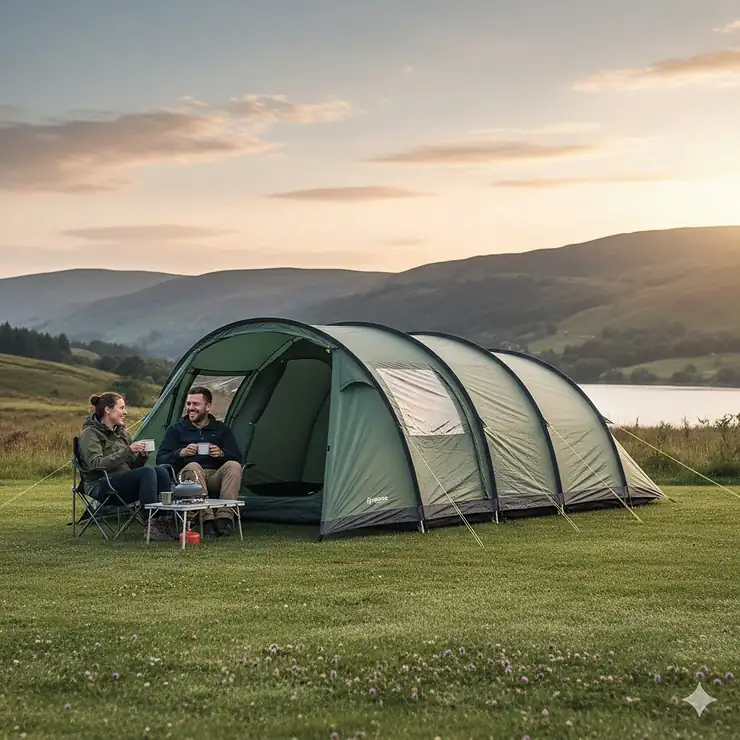 A large green family tunnel tent pitched on a grassy UK campsite with rolling hills in the background. tunnel tent