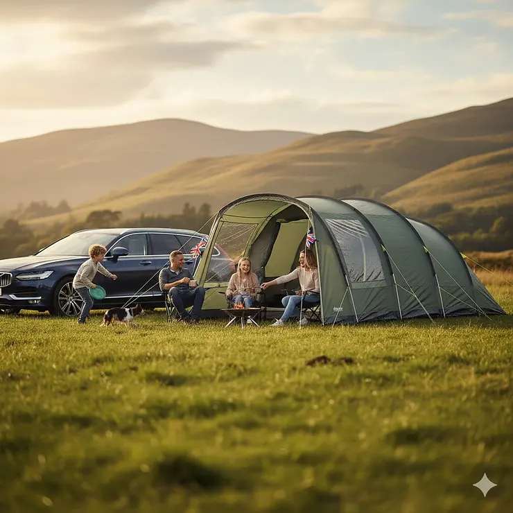 A large multi-room inflatable family tent pitched in the British countryside with a young family sitting at a camping table outside. family tent buying guide