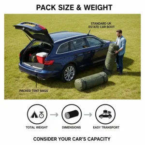 An illustration showing the packed dimensions of a large family tent next to a standard UK estate car boot for scale.