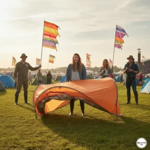 A person effortlessly pitching a fast-assemble blue pop up tent on a green field at a British music festival.
