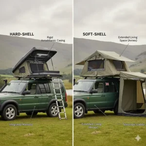 Alt text for image 9 A side-by-side comparison diagram of a hardshell vs softshell roof top tent, detailing the different folding mechanisms.
