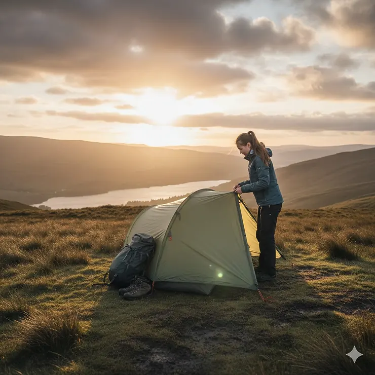 A woman pitching a lightweight green backpacking tent on a grassy ridge in the UK highlands at sunset. how to choose backpacking tent