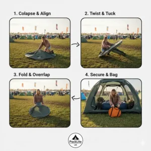 A person demonstrating the technique to twist and fold a pop up tent back into its circular carry case.
