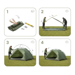 Illustration showing the step-by-step process of pitching a dome tent with flexible fibreglass poles.