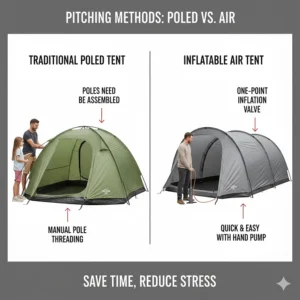 A side-by-side comparison of a traditional fibreglass poled tent and a modern inflatable air tent being pitched.