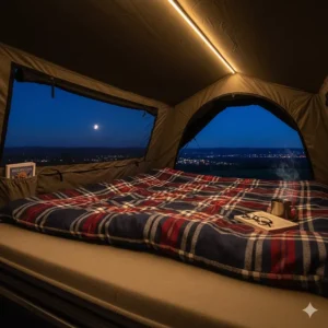 Alt text for image 5 Interior view of a roof top tent featuring a thick foam mattress, warm duvets, and integrated LED lighting.
