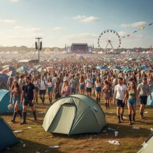 A lightweight 2-man dome tent at a busy British summer music festival.